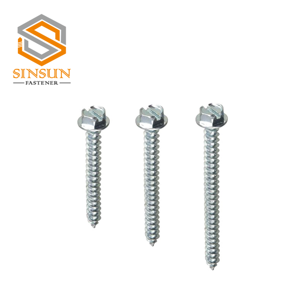 Slotted hex washer head self tapping screw is hex head tapping screw with slot in the center, which is designed to provide additional driver connection for easy assembly especially to limited access applications.